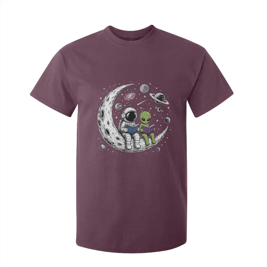 Funny Bookworm In Space T Shirt For Kid Cute Astronaut And Alien Reading TS12 Maroon Print Your Wear