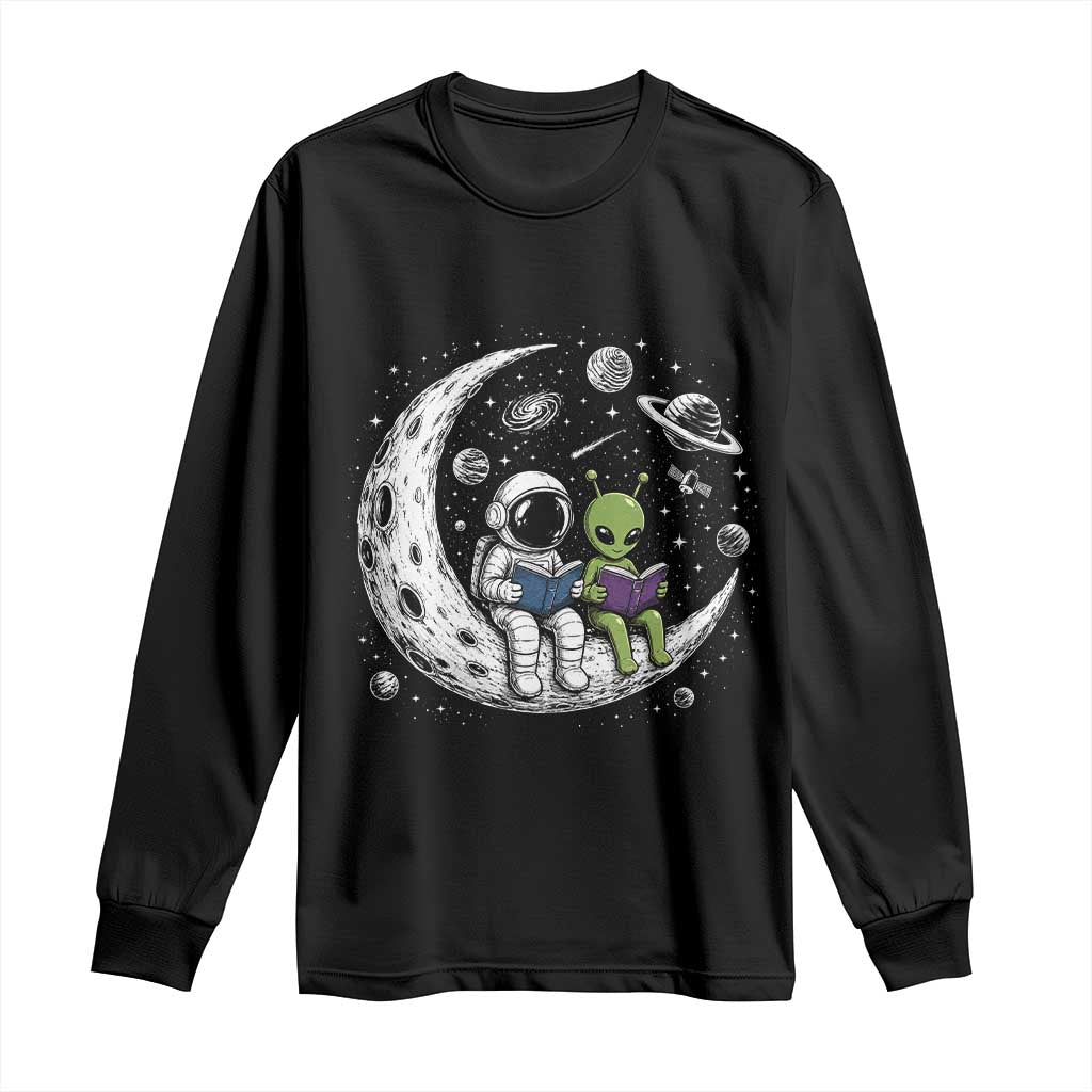 Funny Bookworm In Space Long Sleeve Shirt Cute Astronaut And Alien Reading TS12 Black Print Your Wear
