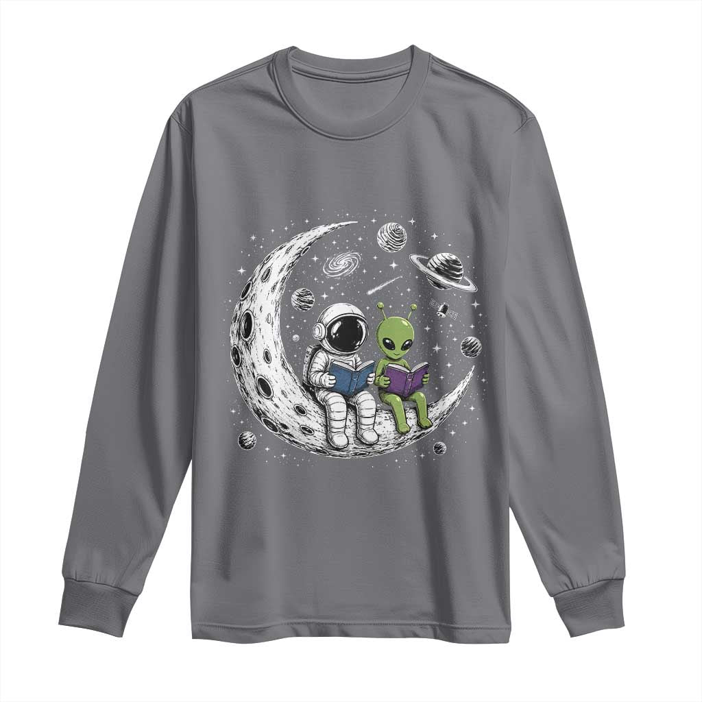 Funny Bookworm In Space Long Sleeve Shirt Cute Astronaut And Alien Reading TS12 Charcoal Print Your Wear