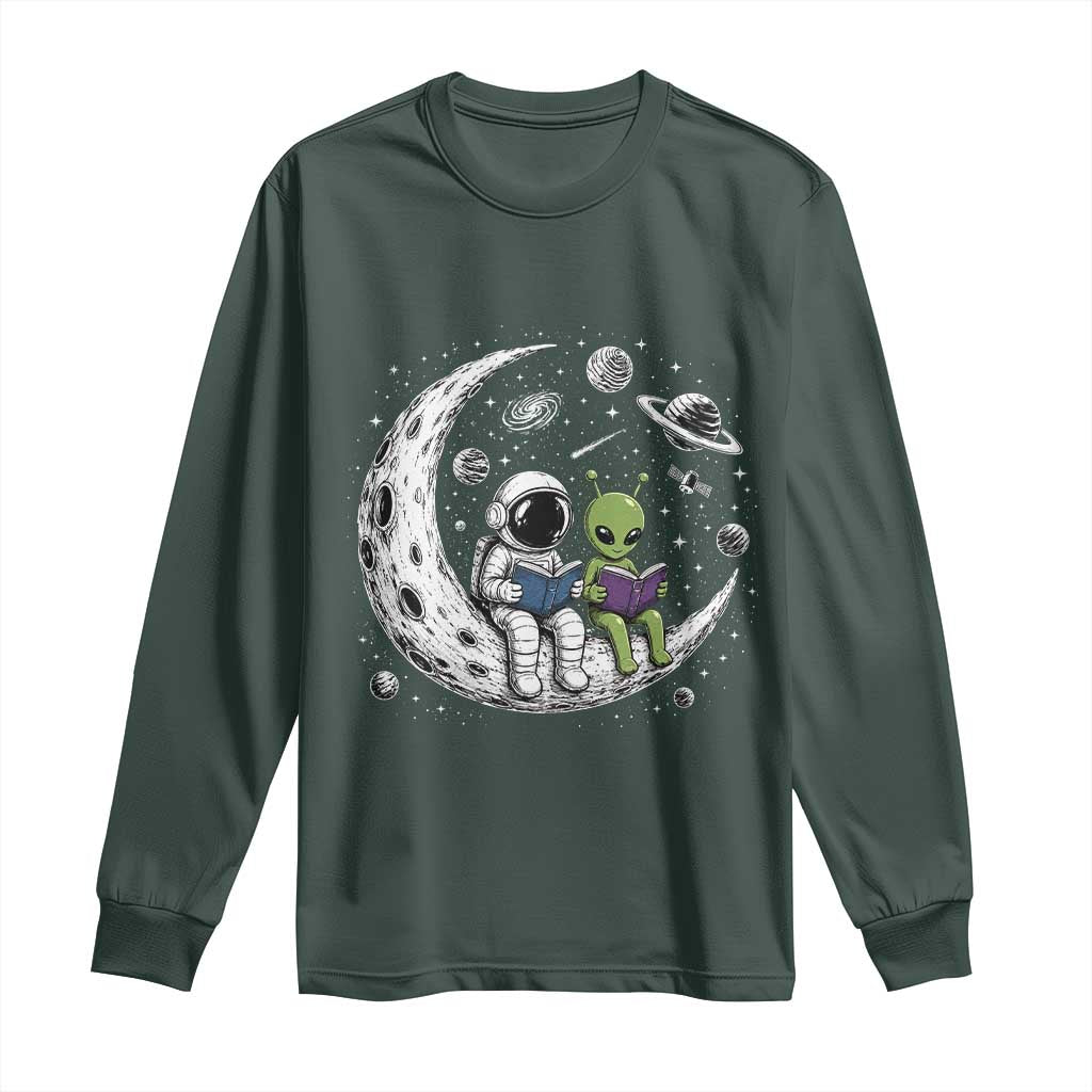 Funny Bookworm In Space Long Sleeve Shirt Cute Astronaut And Alien Reading TS12 Dark Forest Green Print Your Wear