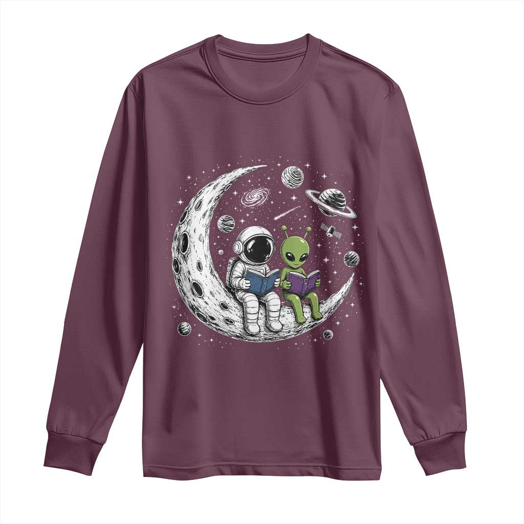 Funny Bookworm In Space Long Sleeve Shirt Cute Astronaut And Alien Reading TS12 Maroon Print Your Wear