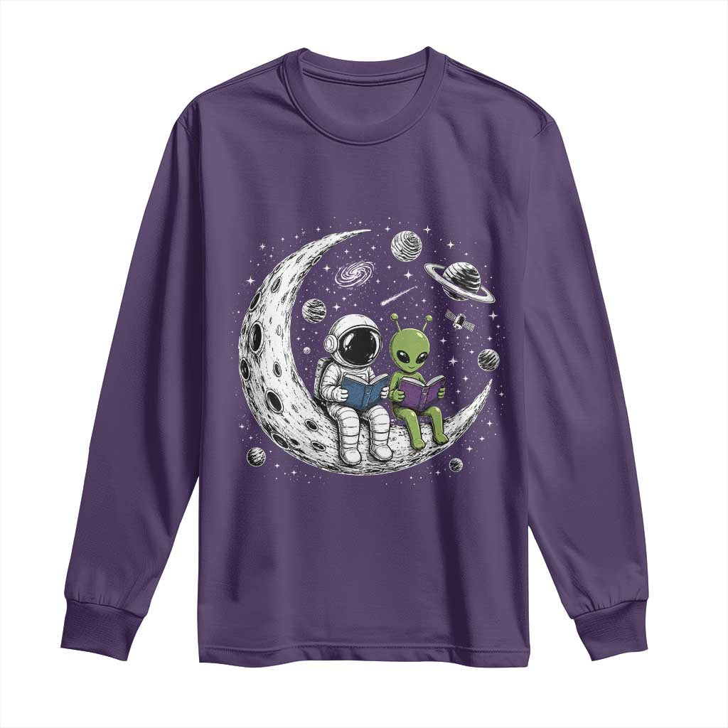 Funny Bookworm In Space Long Sleeve Shirt Cute Astronaut And Alien Reading TS12 Purple Print Your Wear