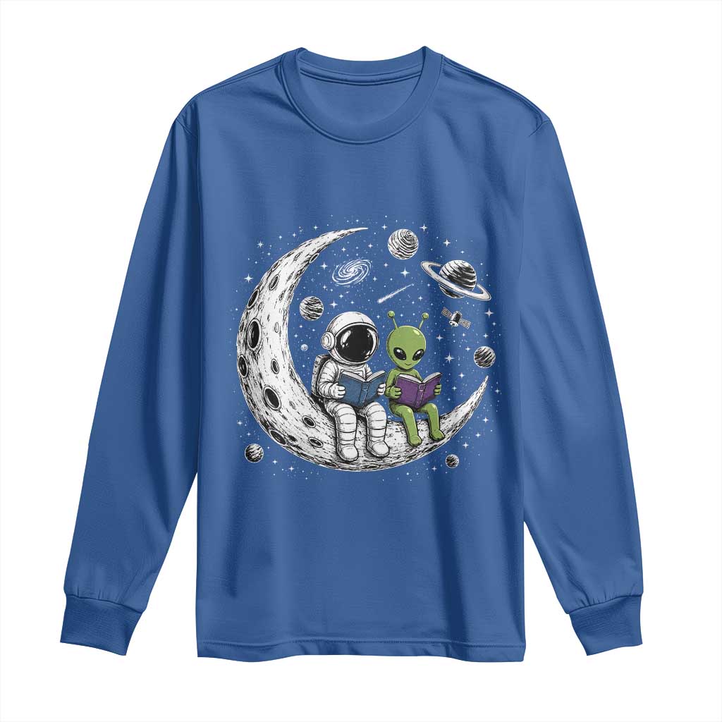 Funny Bookworm In Space Long Sleeve Shirt Cute Astronaut And Alien Reading TS12 Royal Blue Print Your Wear