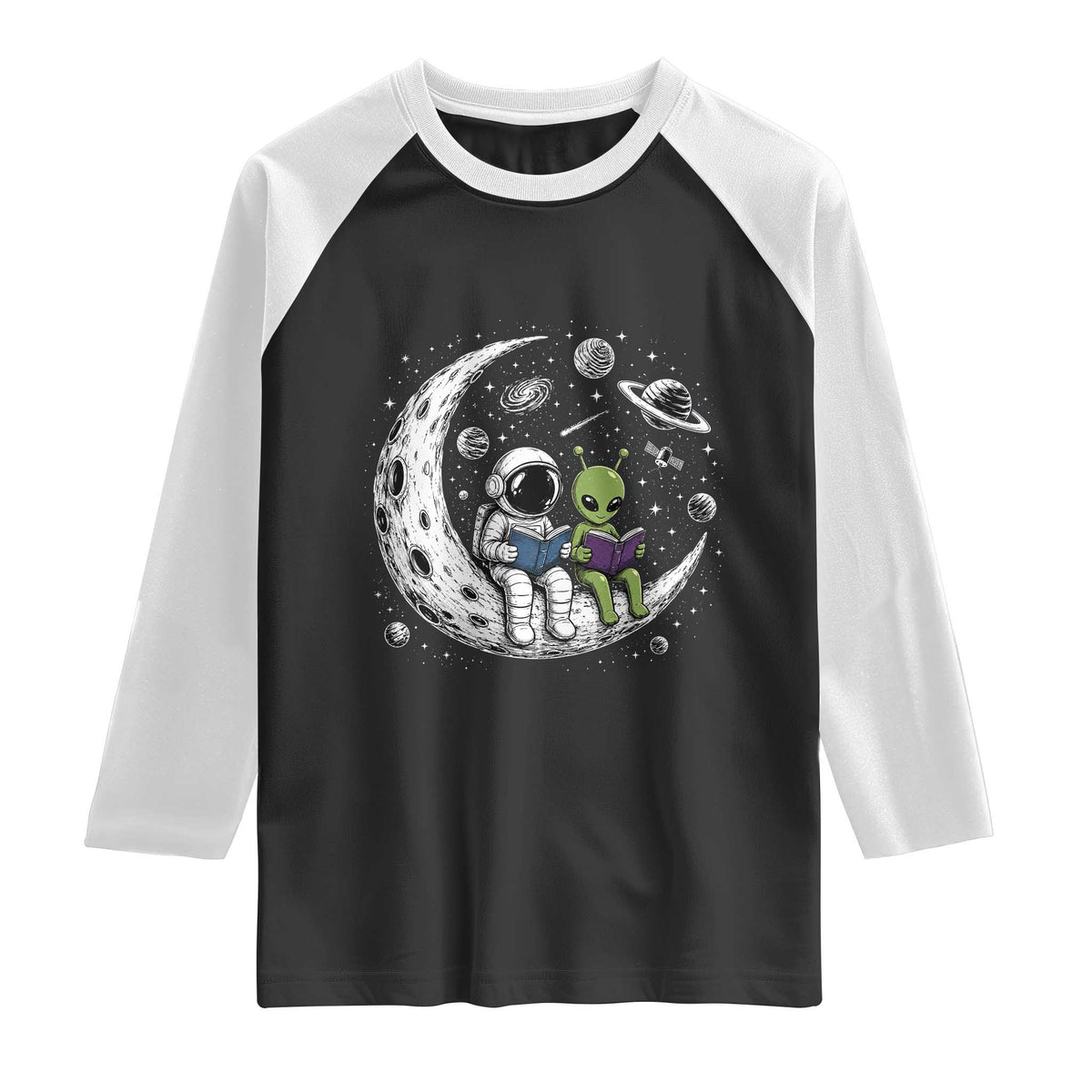 Funny Bookworm In Space Raglan Shirt Cute Astronaut And Alien Reading TS12 Black White Print Your Wear