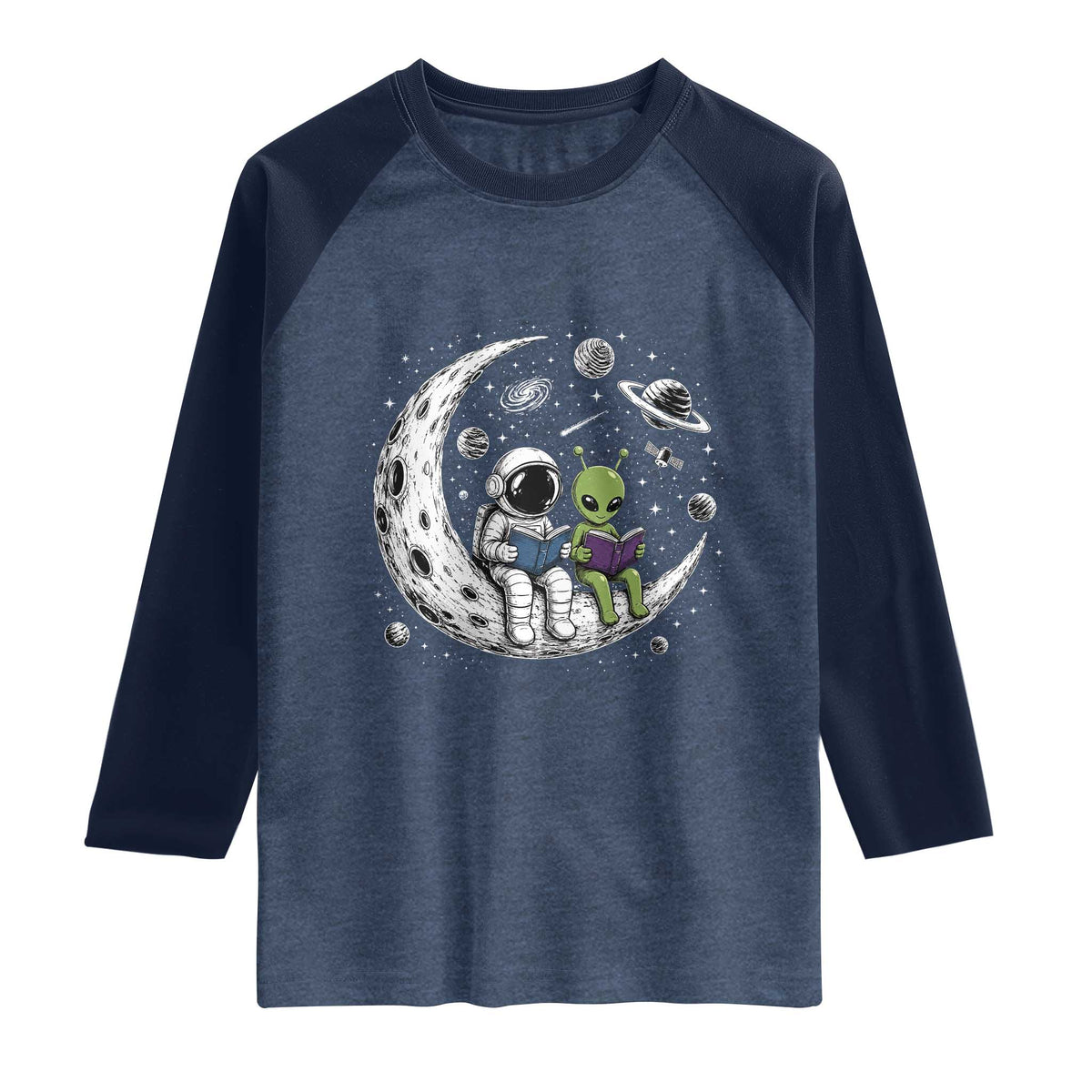 Funny Bookworm In Space Raglan Shirt Cute Astronaut And Alien Reading TS12 Heather Denim Navy Print Your Wear