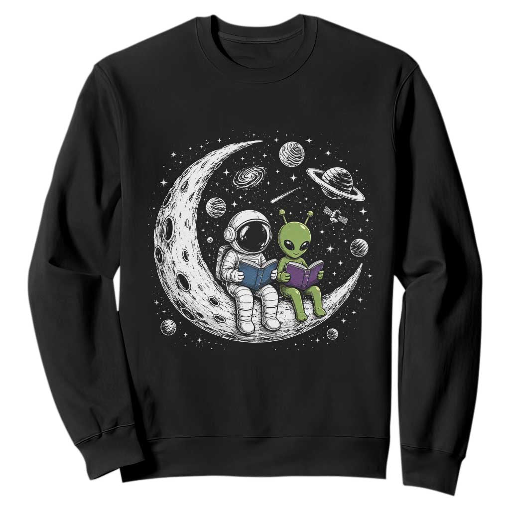 Funny Bookworm In Space Sweatshirt Cute Astronaut And Alien Reading TS12 Black Print Your Wear