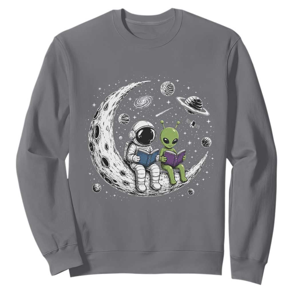 Funny Bookworm In Space Sweatshirt Cute Astronaut And Alien Reading TS12 Charcoal Print Your Wear