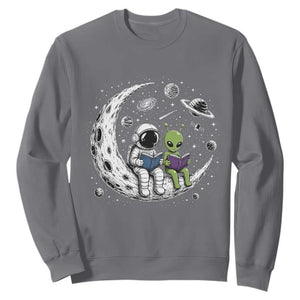 Funny Bookworm In Space Sweatshirt Cute Astronaut And Alien Reading TS12 Charcoal Print Your Wear