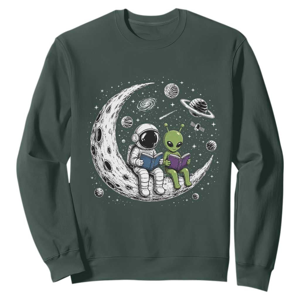 Funny Bookworm In Space Sweatshirt Cute Astronaut And Alien Reading TS12 Dark Forest Green Print Your Wear