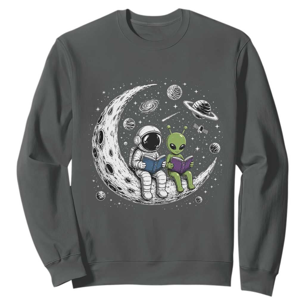 Funny Bookworm In Space Sweatshirt Cute Astronaut And Alien Reading TS12 Dark Heather Print Your Wear