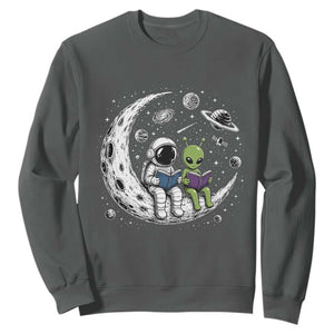 Funny Bookworm In Space Sweatshirt Cute Astronaut And Alien Reading TS12 Dark Heather Print Your Wear