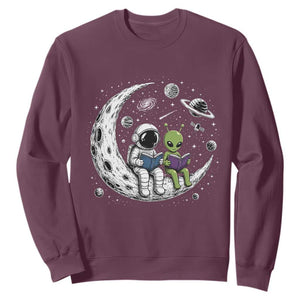 Funny Bookworm In Space Sweatshirt Cute Astronaut And Alien Reading TS12 Maroon Print Your Wear