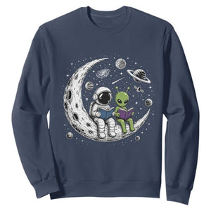 Funny Bookworm In Space Sweatshirt Cute Astronaut And Alien Reading TS12 Navy Print Your Wear