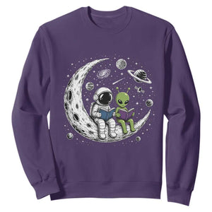 Funny Bookworm In Space Sweatshirt Cute Astronaut And Alien Reading TS12 Purple Print Your Wear