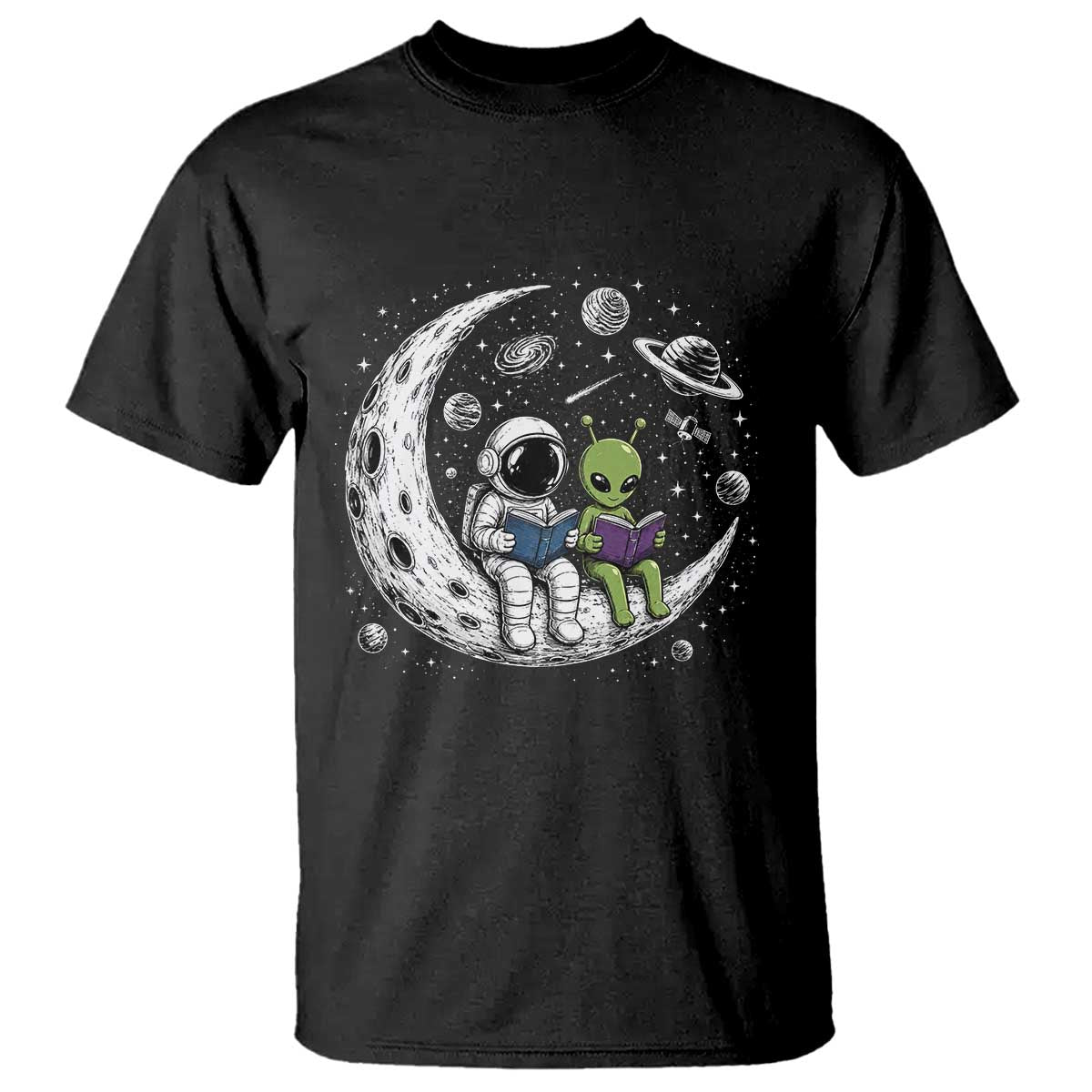 Funny Bookworm In Space T Shirt Cute Astronaut And Alien Reading TS12 Black Print Your Wear