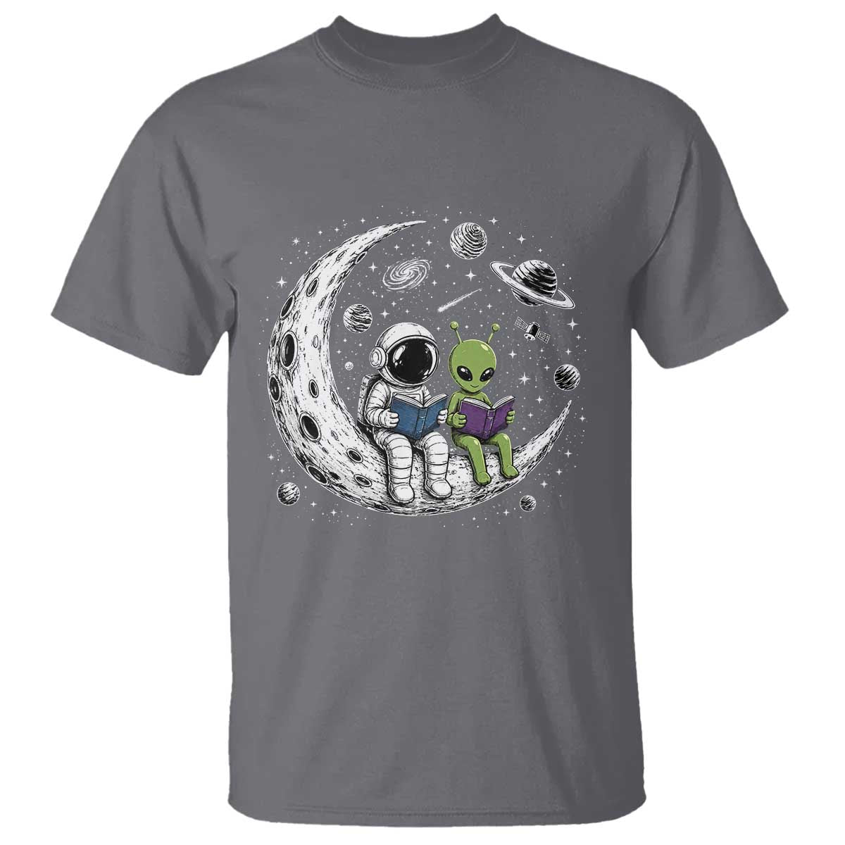 Funny Bookworm In Space T Shirt Cute Astronaut And Alien Reading TS12 Charcoal Print Your Wear