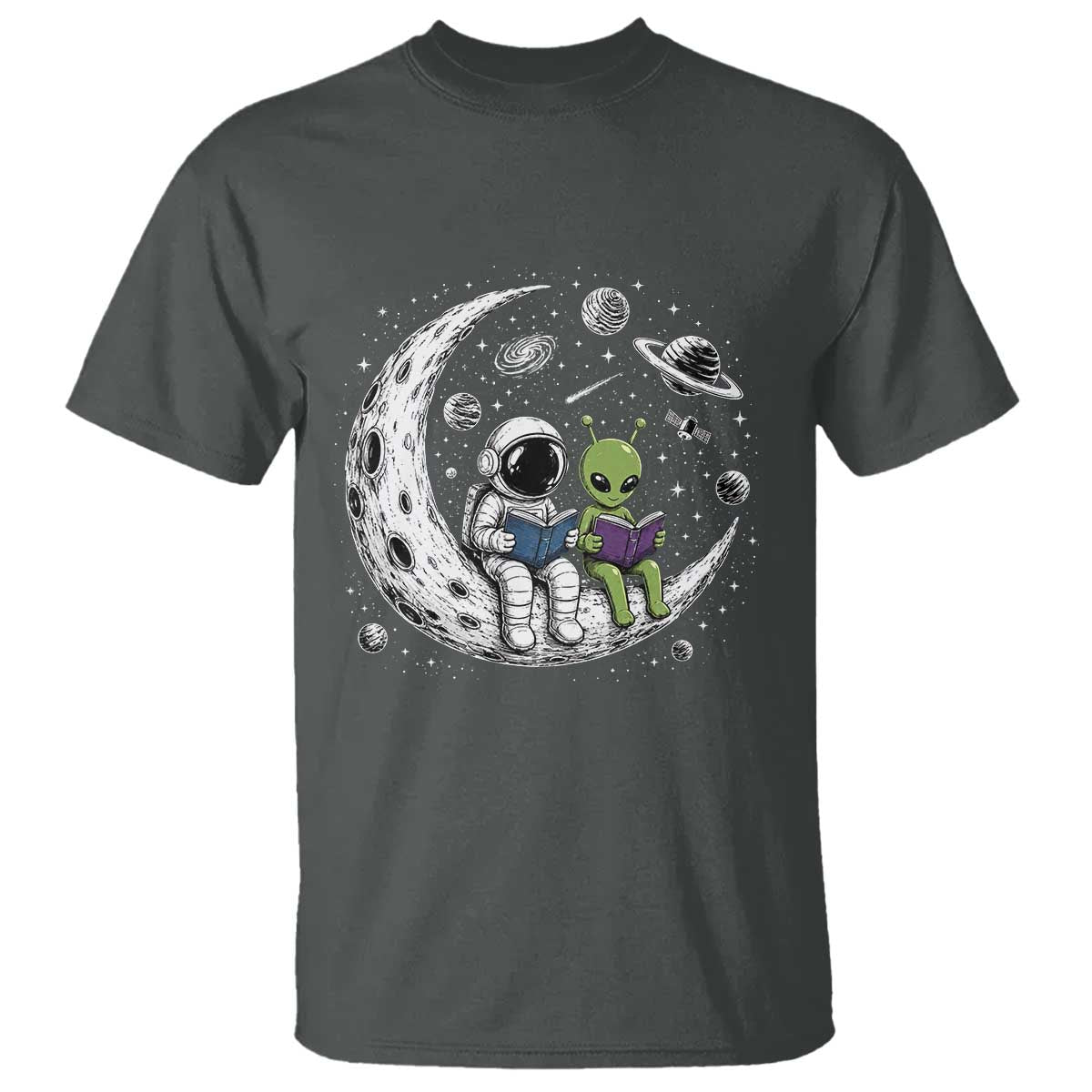 Funny Bookworm In Space T Shirt Cute Astronaut And Alien Reading TS12 Dark Heather Print Your Wear