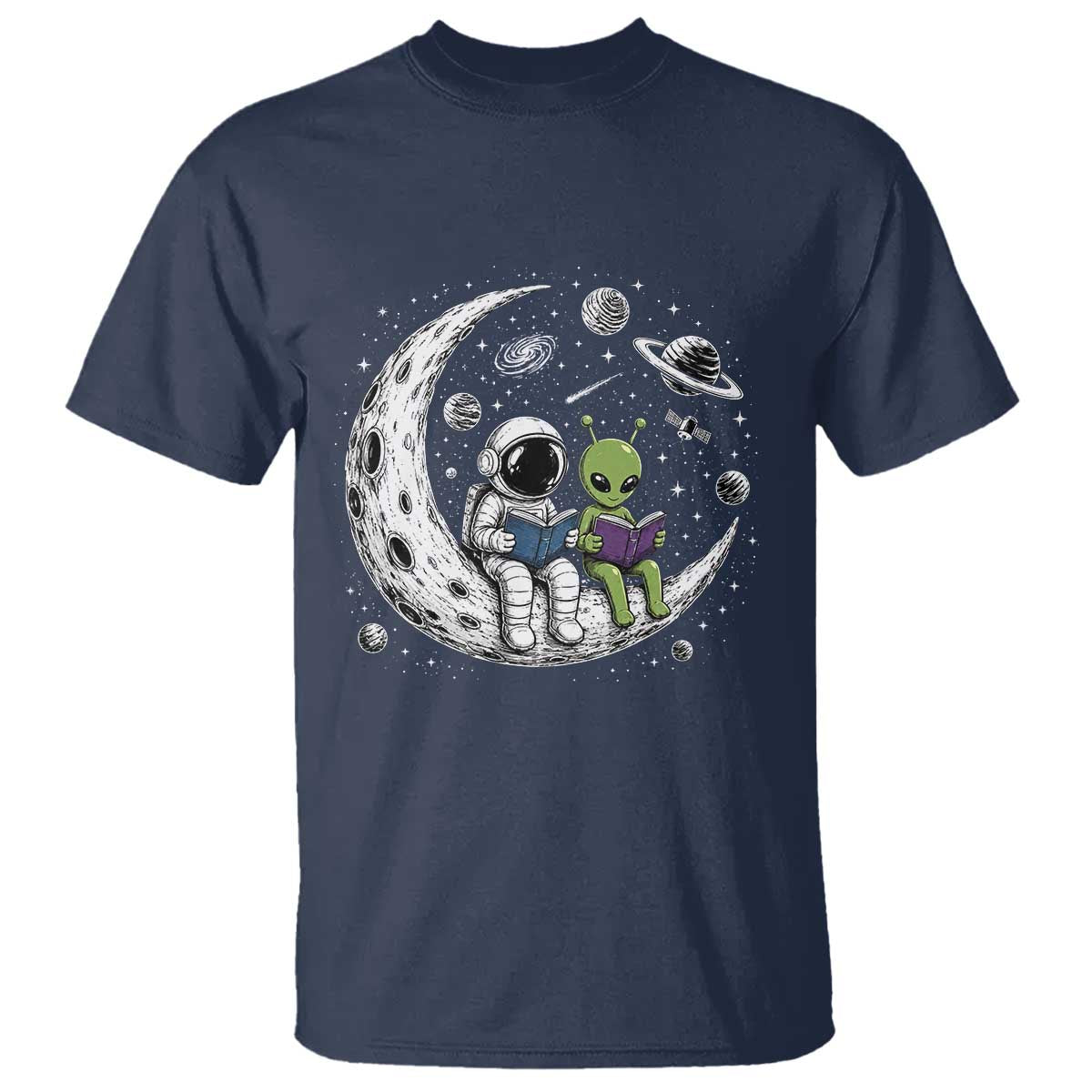 Funny Bookworm In Space T Shirt Cute Astronaut And Alien Reading TS12 Navy Print Your Wear
