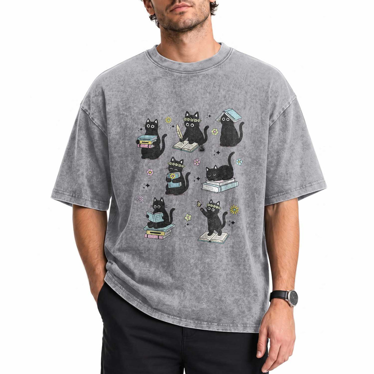 Bookish Black Cat Washed Cotton T-Shirt Funny Librarian Cat Lover Gift
