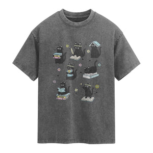 Bookish Black Cat Washed Cotton T-Shirt Funny Librarian Cat Lover Gift
