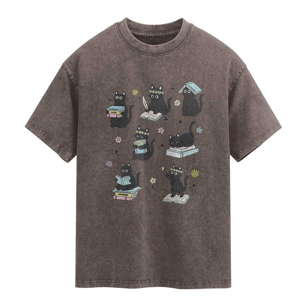Bookish Black Cat Washed Cotton T-Shirt Funny Librarian Cat Lover Gift