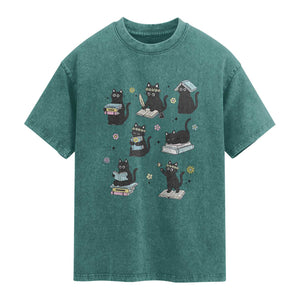 Bookish Black Cat Washed Cotton T-Shirt Funny Librarian Cat Lover Gift