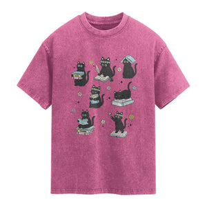 Bookish Black Cat Washed Cotton T-Shirt Funny Librarian Cat Lover Gift