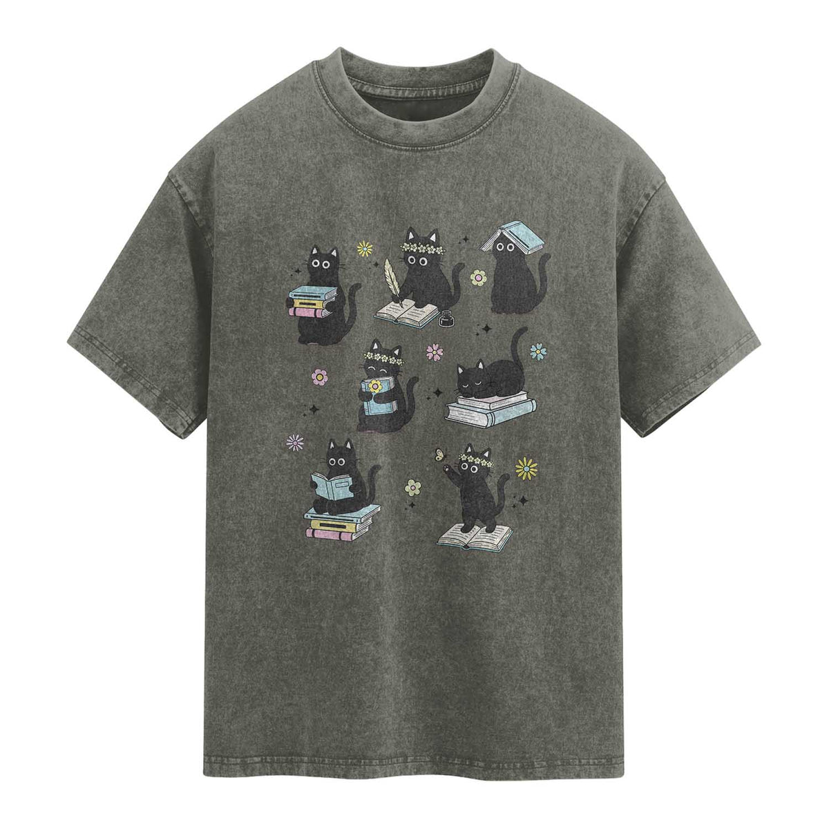 Bookish Black Cat Washed Cotton T-Shirt Funny Librarian Cat Lover Gift