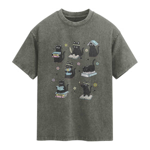 Bookish Black Cat Washed Cotton T-Shirt Funny Librarian Cat Lover Gift