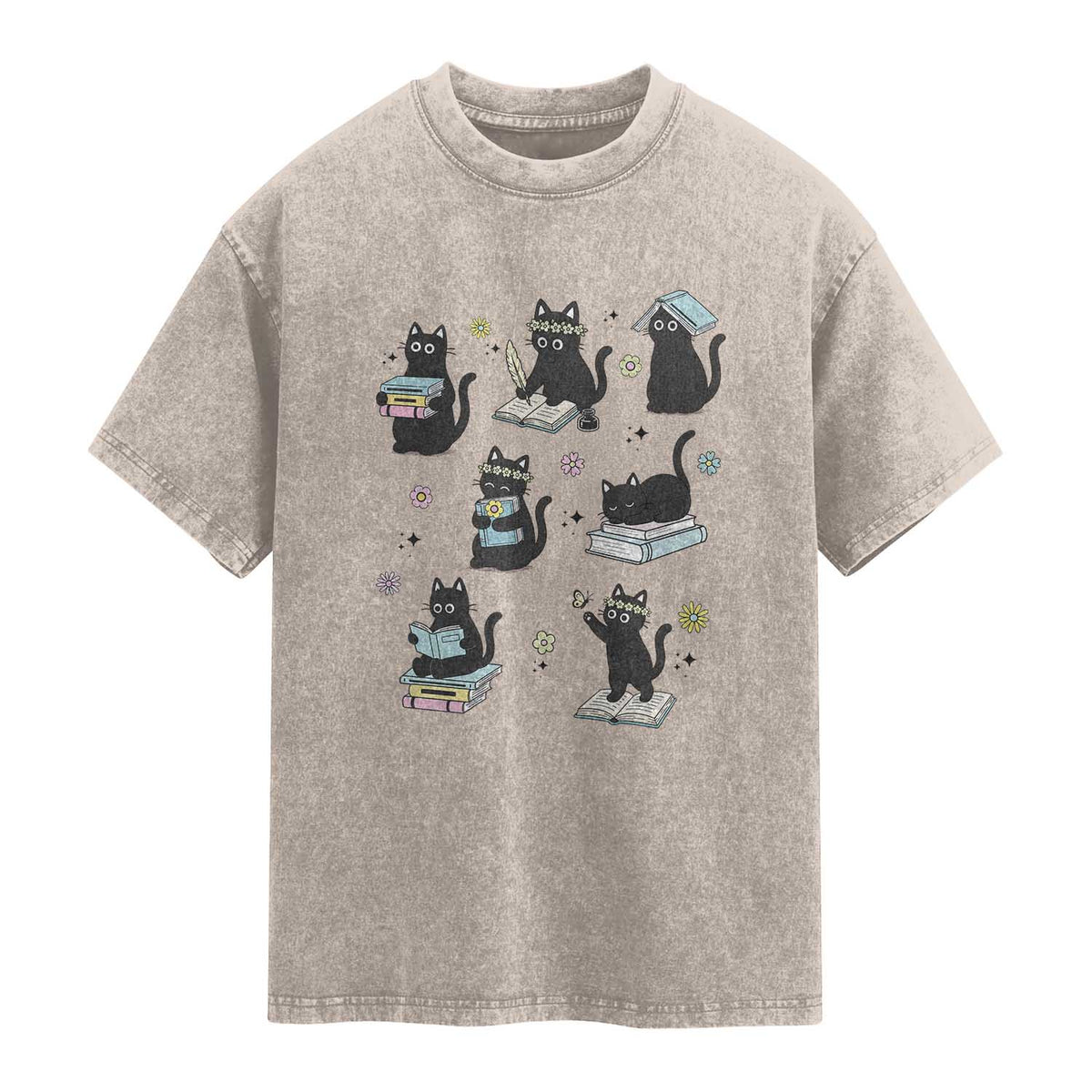 Bookish Black Cat Washed Cotton T-Shirt Funny Librarian Cat Lover Gift