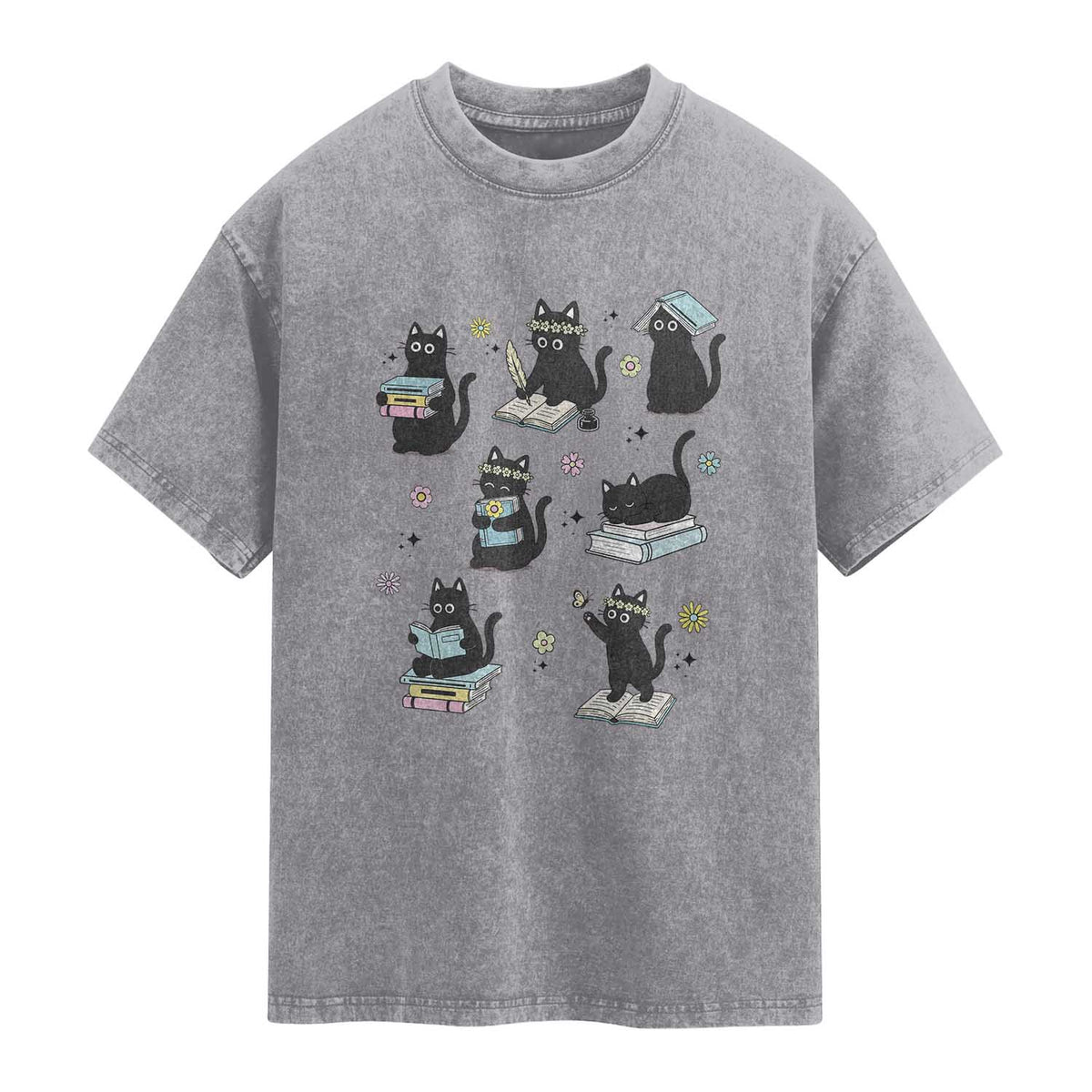 Bookish Black Cat Washed Cotton T-Shirt Funny Librarian Cat Lover Gift