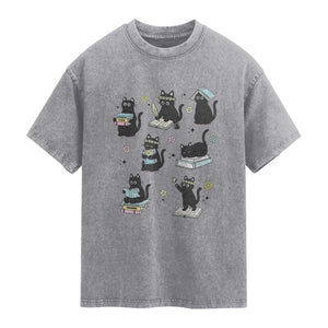Bookish Black Cat Washed Cotton T-Shirt Funny Librarian Cat Lover Gift