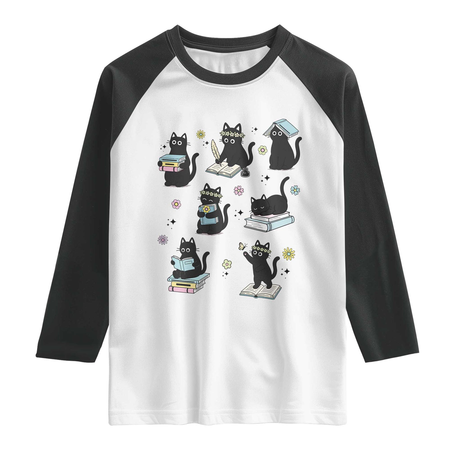 Bookish Black Cat Raglan Shirt Funny Librarian Cat Lover Gift TS12 White Black Print Your Wear