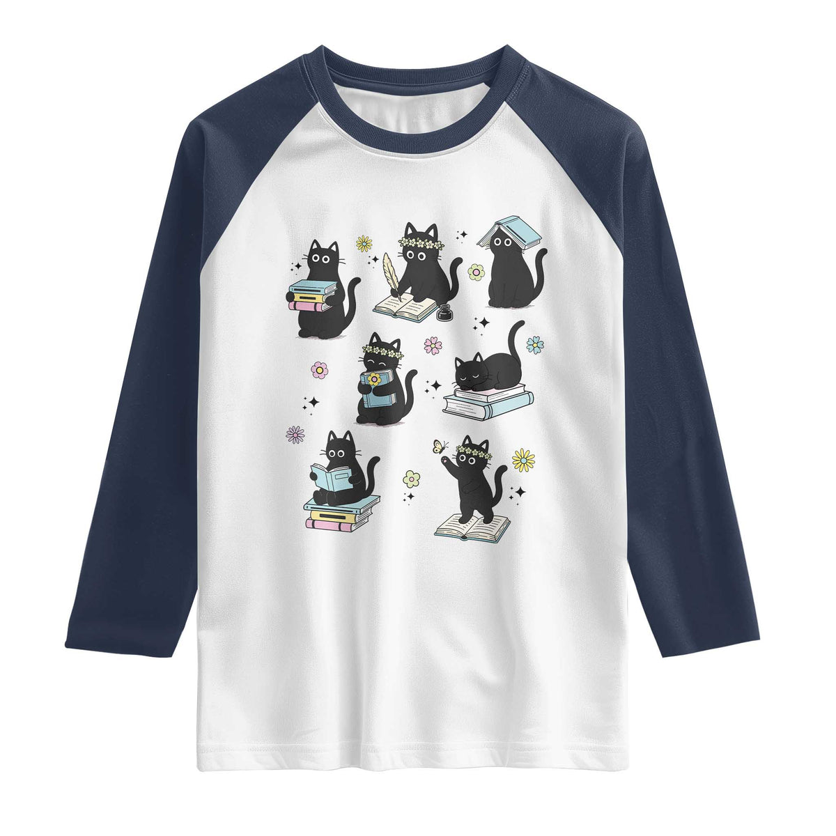 Bookish Black Cat Raglan Shirt Funny Librarian Cat Lover Gift TS12 White Navy Print Your Wear