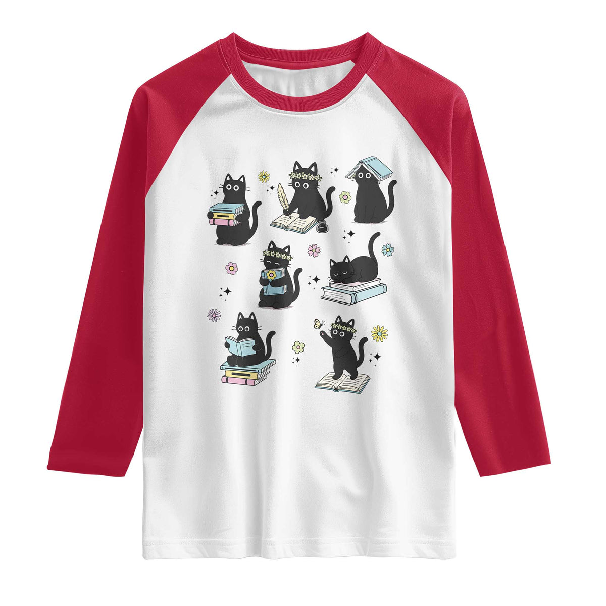 Bookish Black Cat Raglan Shirt Funny Librarian Cat Lover Gift TS12 White Red Print Your Wear