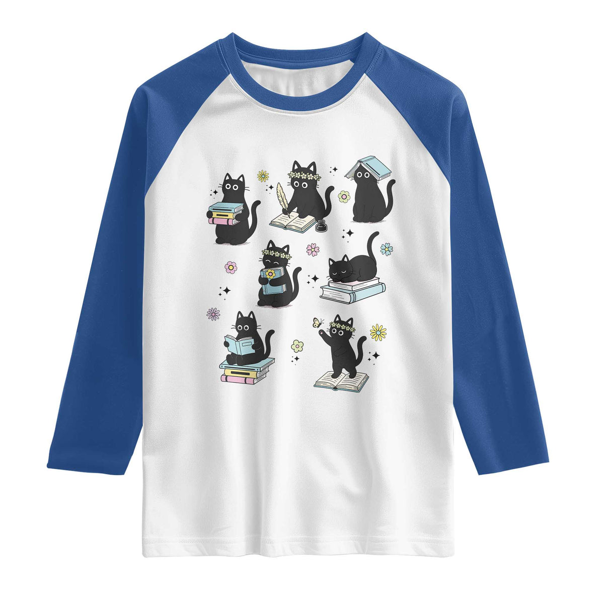 Bookish Black Cat Raglan Shirt Funny Librarian Cat Lover Gift TS12 White Royal Print Your Wear