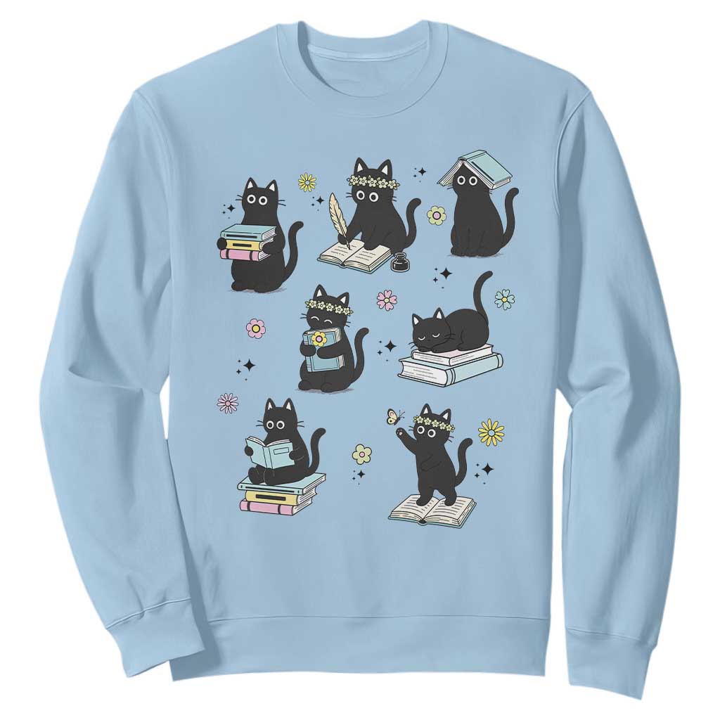 Bookish Black Cat Sweatshirt Funny Librarian Cat Lover Gift TS12 Light Blue Print Your Wear