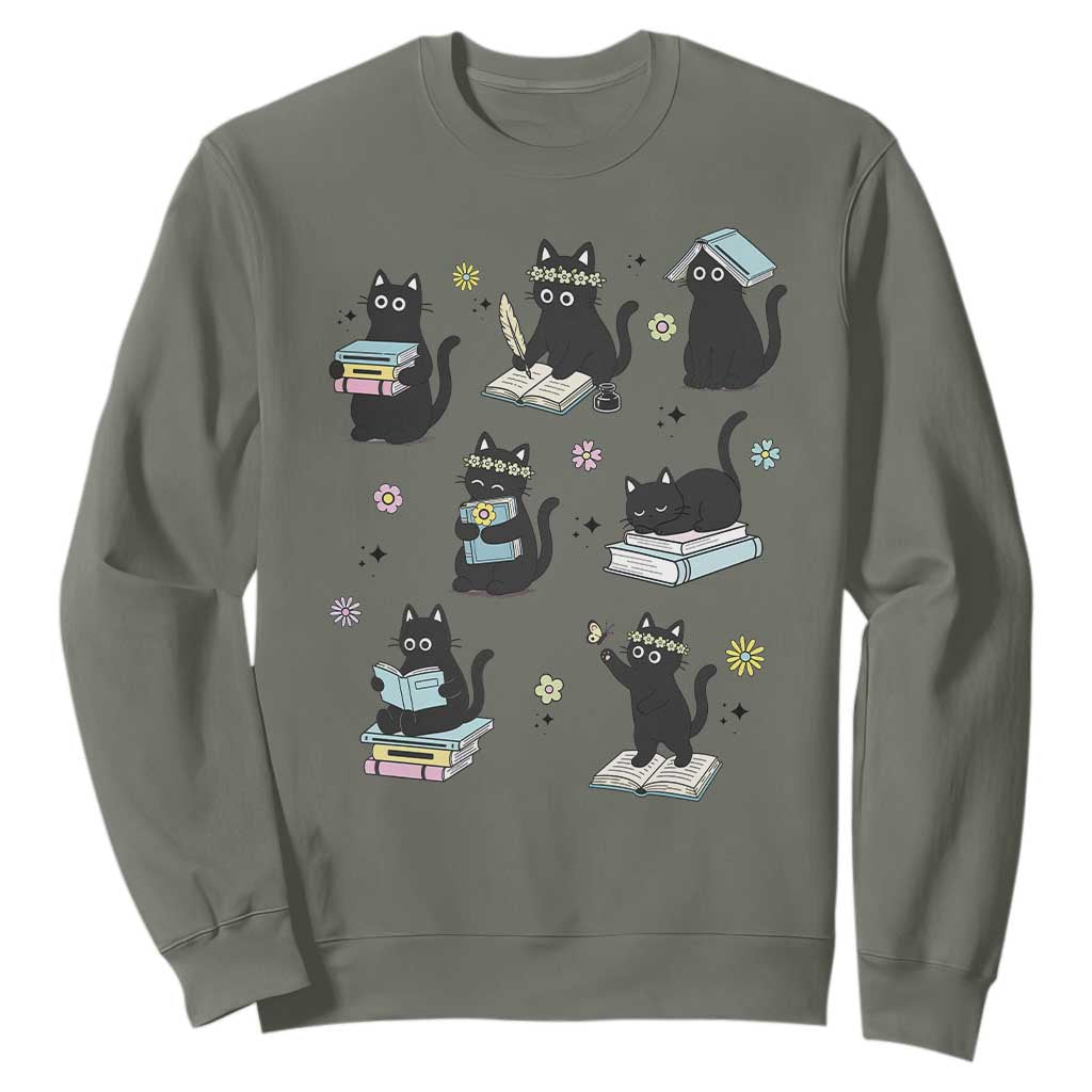 Bookish Black Cat Sweatshirt Funny Librarian Cat Lover Gift TS12 Military Green Print Your Wear