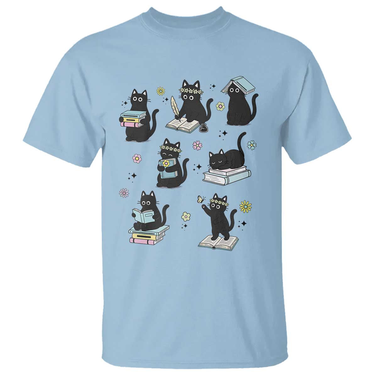 Bookish Black Cat T Shirt Funny Librarian Cat Lover Gift TS12 Light Blue Print Your Wear