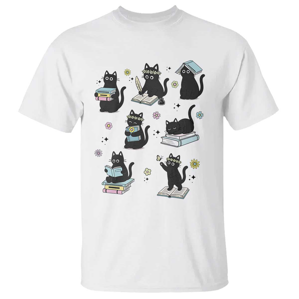 Bookish Black Cat T Shirt Funny Librarian Cat Lover Gift TS12 White Print Your Wear