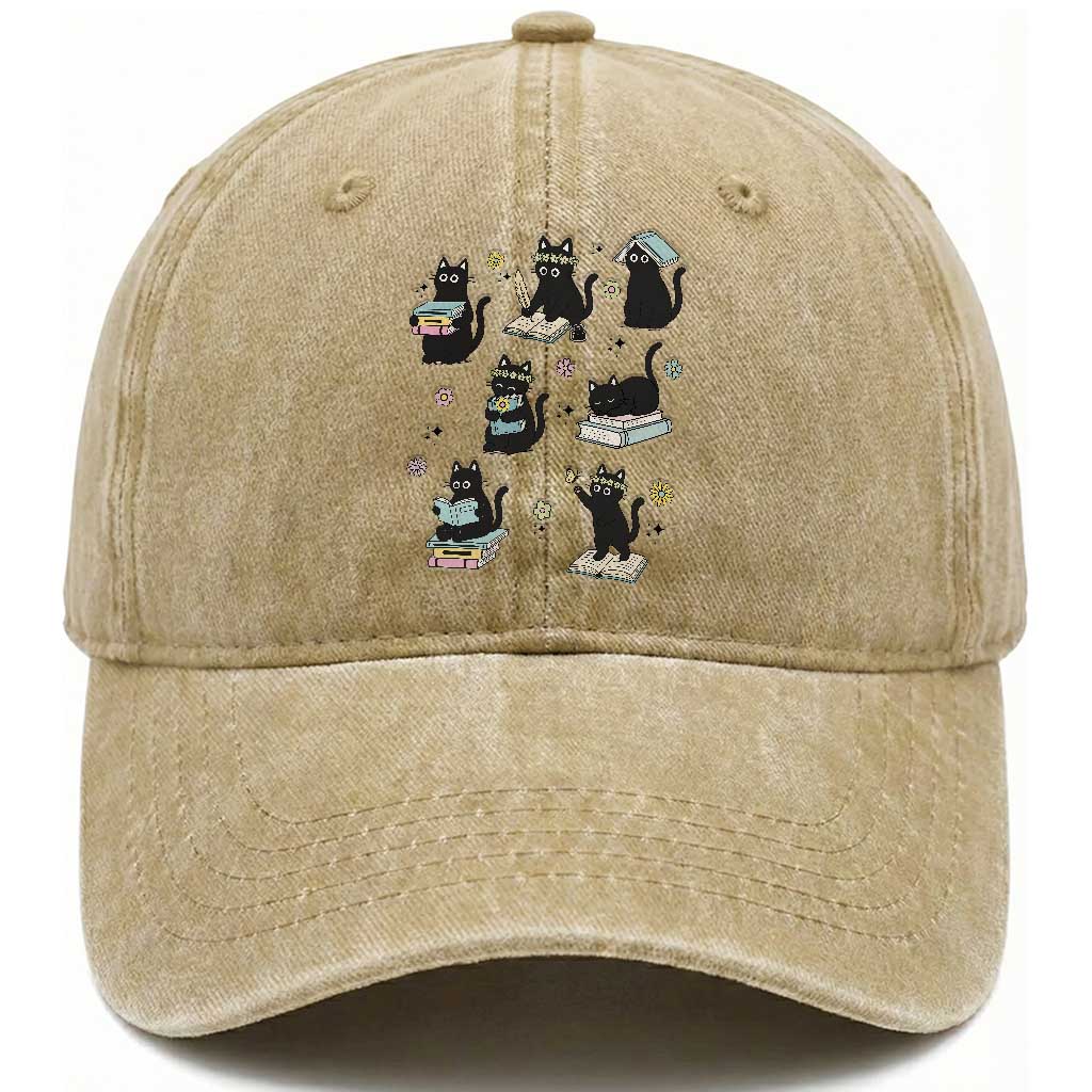 Bookish Black Cat Washed Cotton Baseball Cap Funny Librarian Cat Lover Gift TS12 Print Your Wear