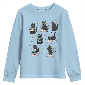 Bookish Black Cat Youth Sweatshirt Funny Librarian Cat Lover Gift TS12 Light Blue Print Your Wear