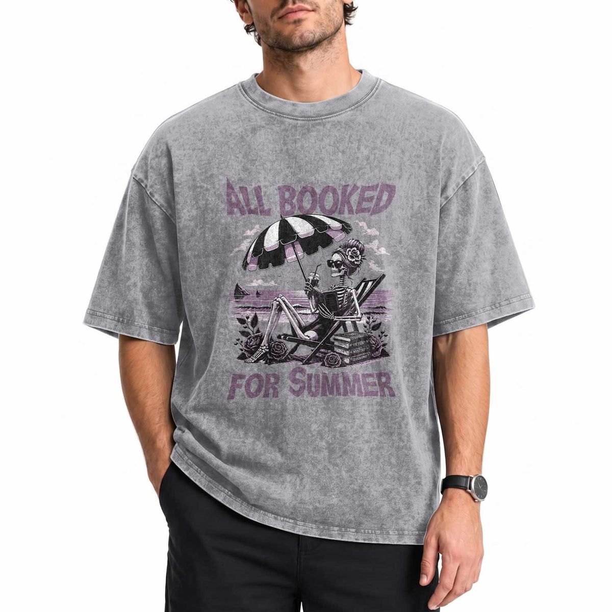 Funny Skeleton Reading At The Beach Washed Cotton T-Shirt All Booked For Summer