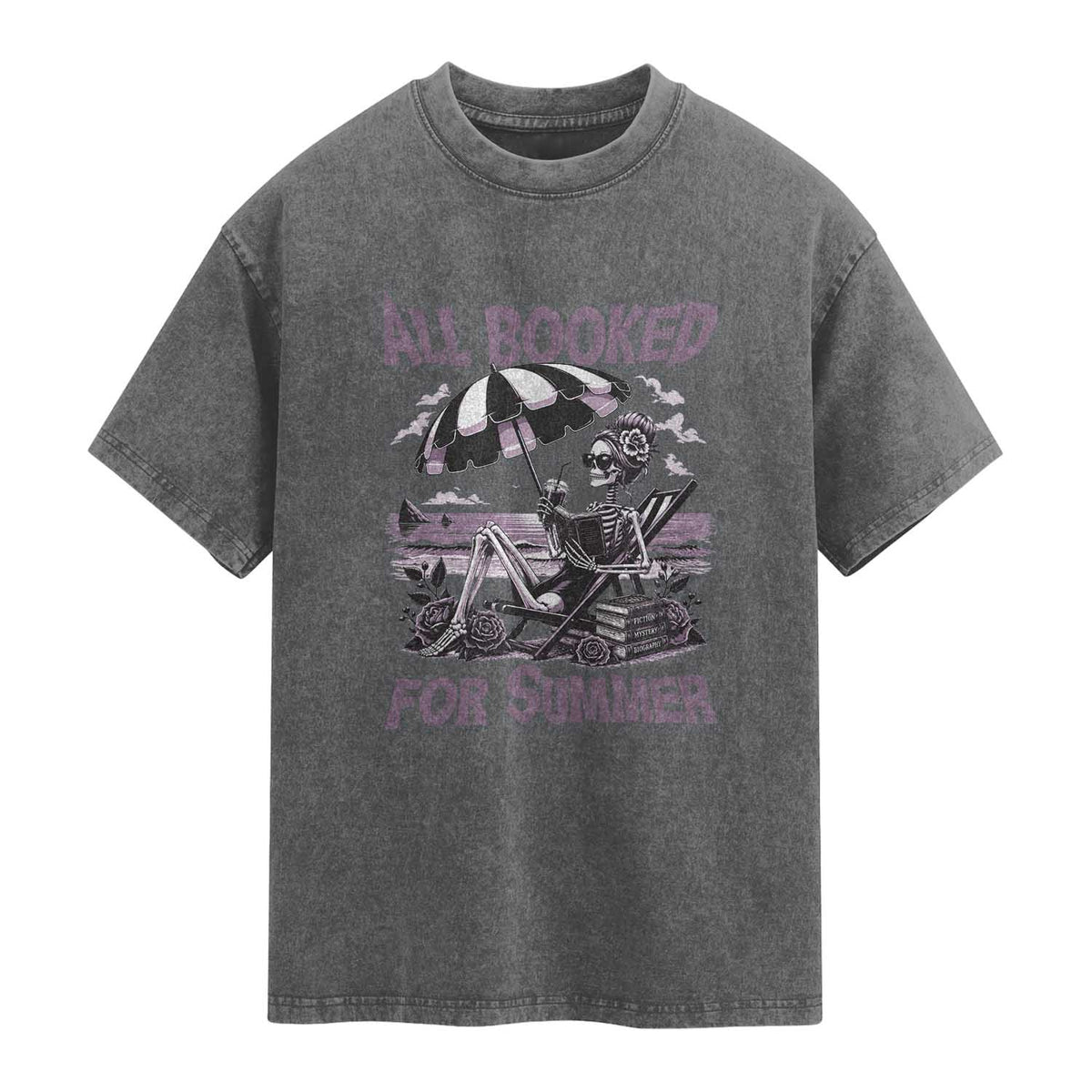 Funny Skeleton Reading At The Beach Washed Cotton T-Shirt All Booked For Summer