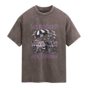 Funny Skeleton Reading At The Beach Washed Cotton T-Shirt All Booked For Summer