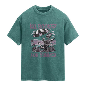 Funny Skeleton Reading At The Beach Washed Cotton T-Shirt All Booked For Summer