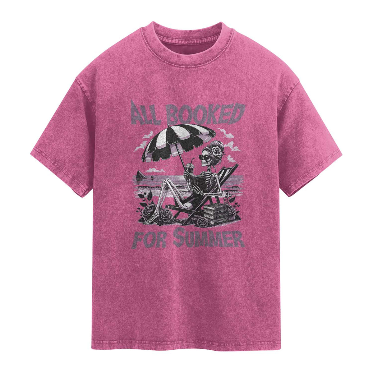 Funny Skeleton Reading At The Beach Washed Cotton T-Shirt All Booked For Summer