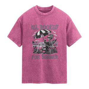 Funny Skeleton Reading At The Beach Washed Cotton T-Shirt All Booked For Summer