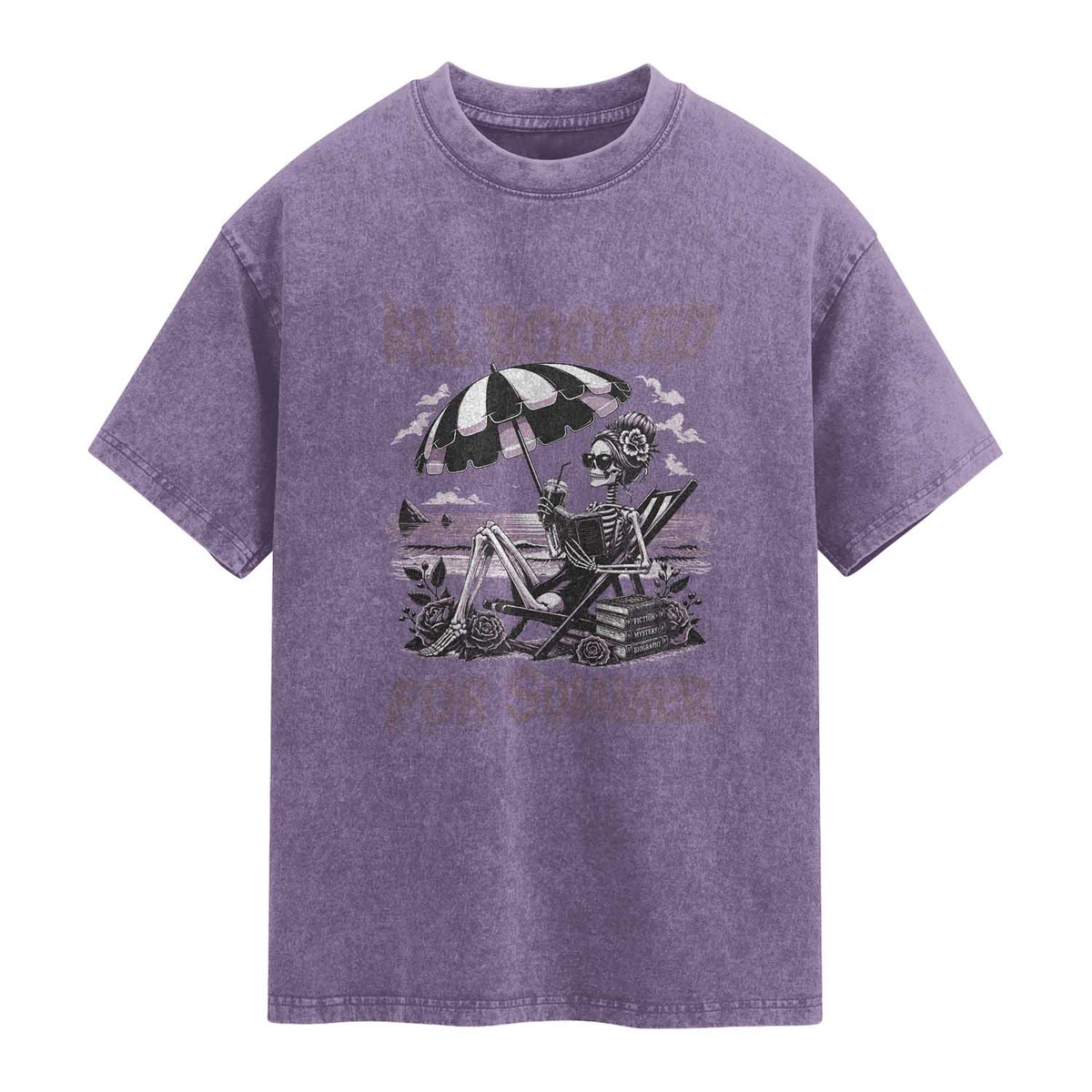 Funny Skeleton Reading At The Beach Washed Cotton T-Shirt All Booked For Summer