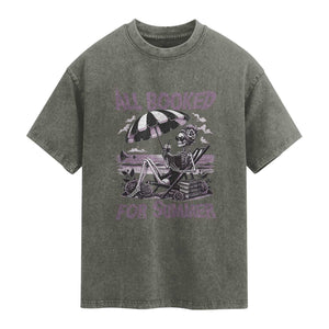 Funny Skeleton Reading At The Beach Washed Cotton T-Shirt All Booked For Summer